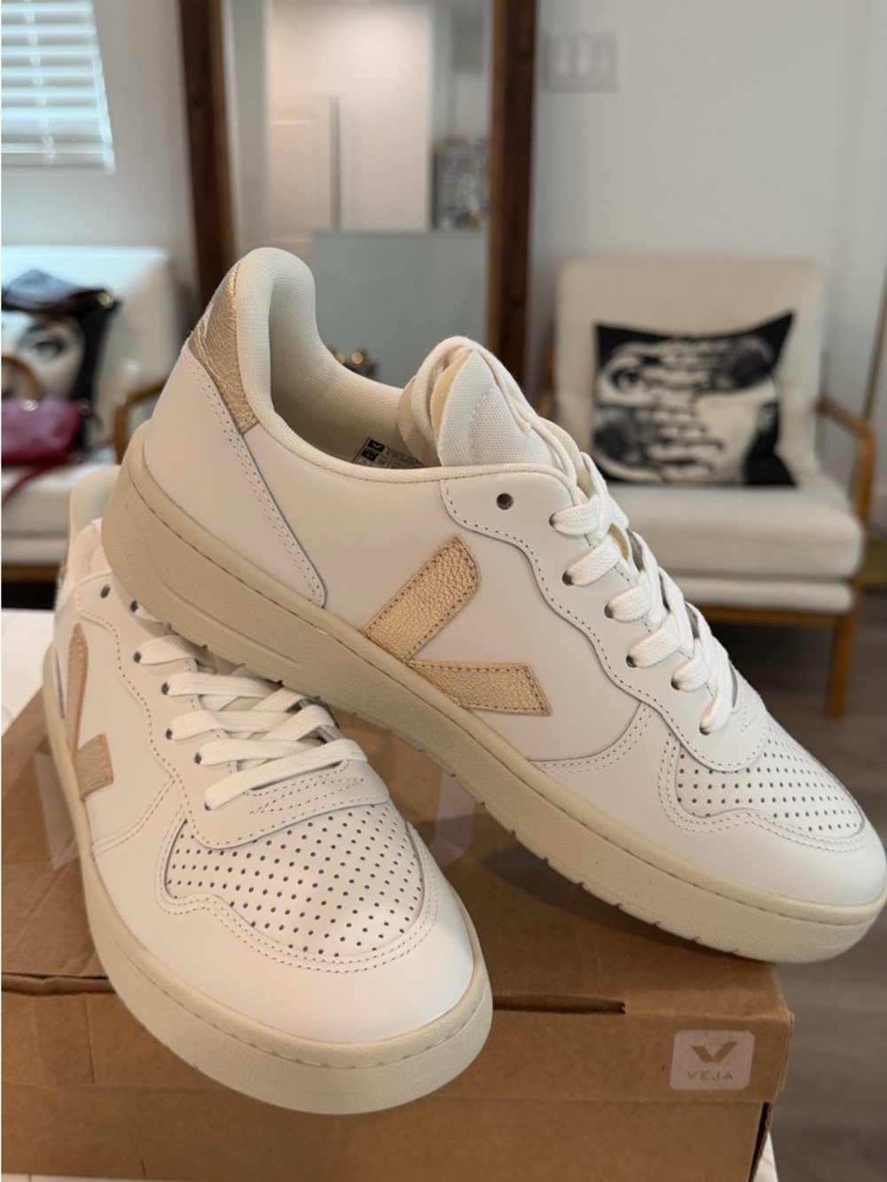 Veja White Leather Sneakers with Beige Accents